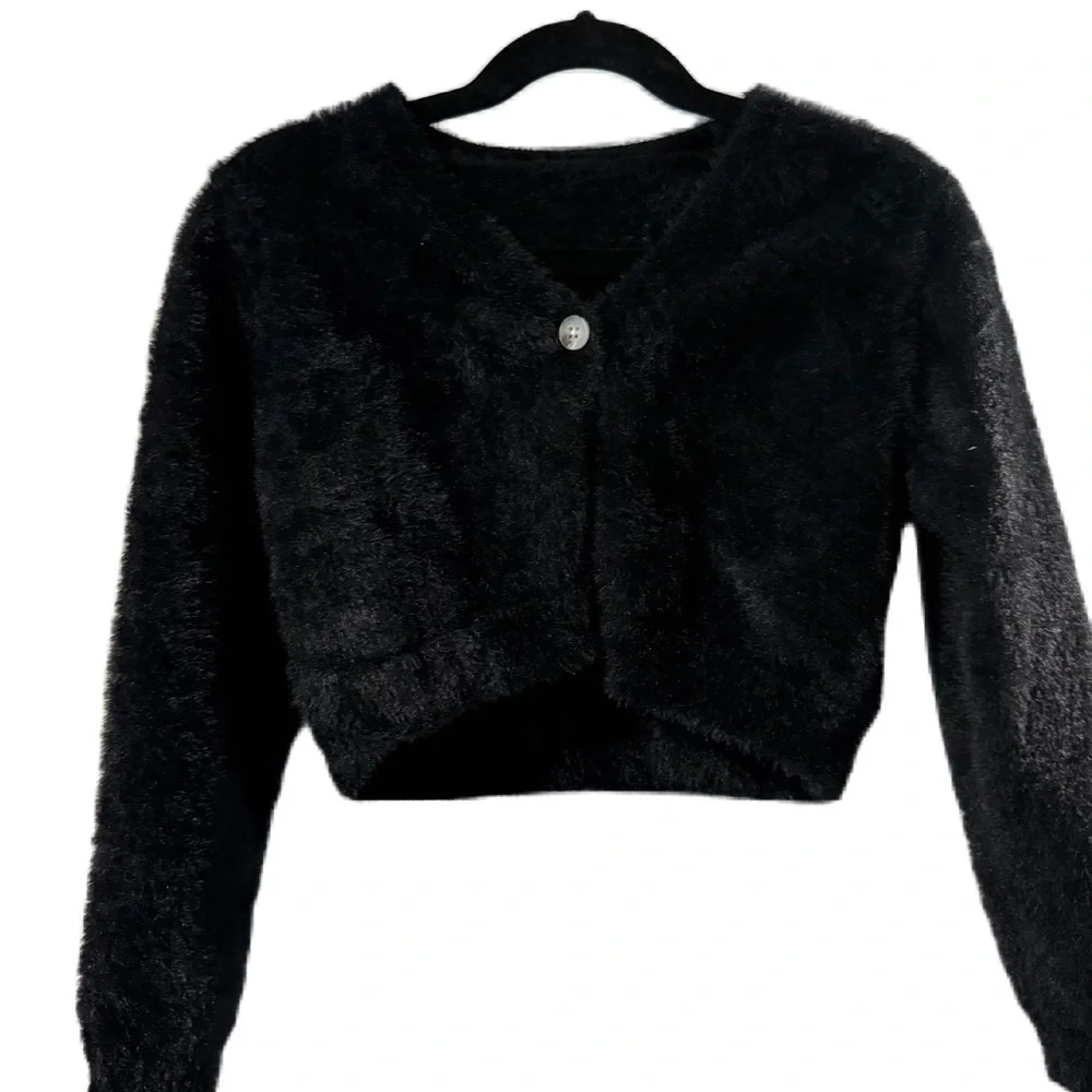 Black Fuzzy Cardigan with Plaid Skirt